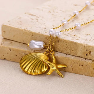 Starfish and shell necklace with pearl - Coral