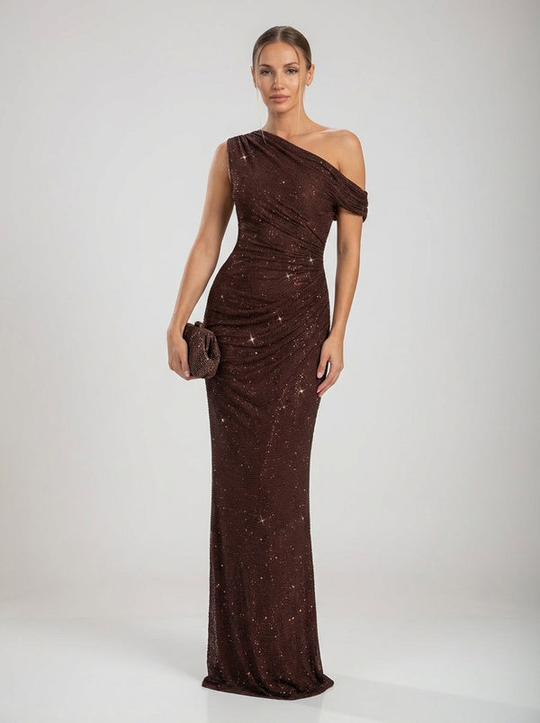 Aurex One-Shoulder Gown — Brown Sparkle