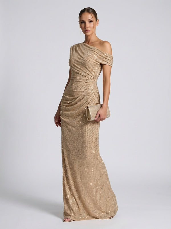 Aurex One-Shoulder Gown — Gold Sparkle