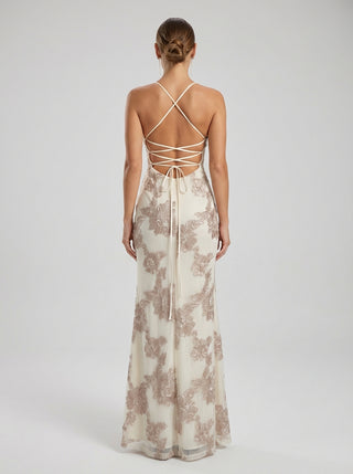 Floral Embroidered Lace-Up Gown