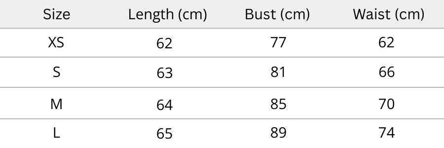 Aurorae Mini Dress – Nude Size Chart