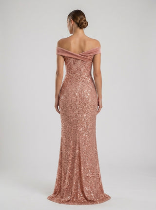 AURELIA Off Shoulder Rhinestone Gown - Rose Gold