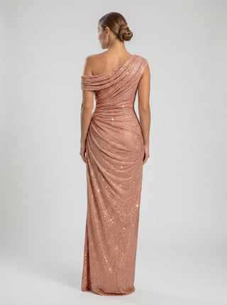 שמלת Aurex עם כתף אחת – נצנצים בזהב ורוד