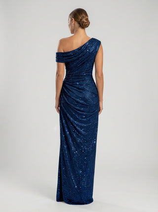 שמלת Aurex עם כתף אחת – כחול נייבי נוצץ