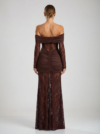 שמלות תחרה וולנסיה עם כתפיים חשופות - חום שזיף