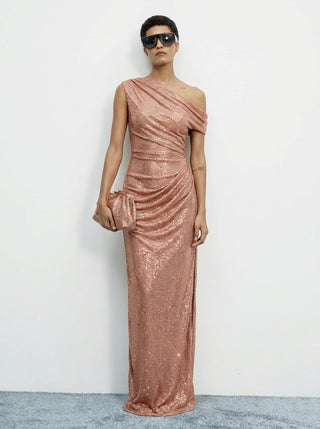 Aurex One-Shoulder Gown — Rose Gold Sparkle