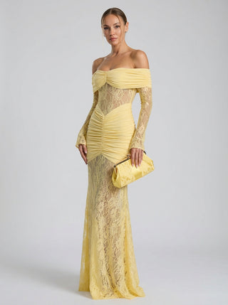 שמלות תחרה ללא כתפיים ולנסיה - צהוב לימון