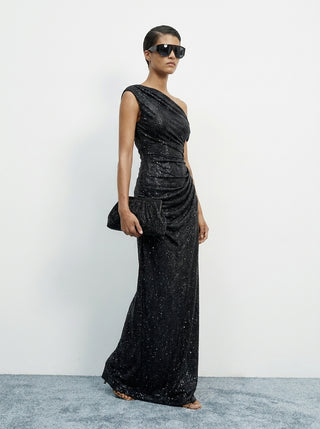 Aurex One-Shoulder Gown — Obsidian Black Sparkle