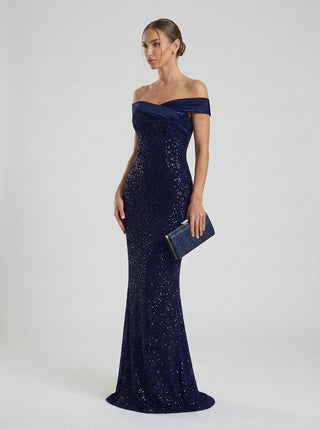 AURELIA Off Shoulder Rhinestone Gown - Midnight Navy