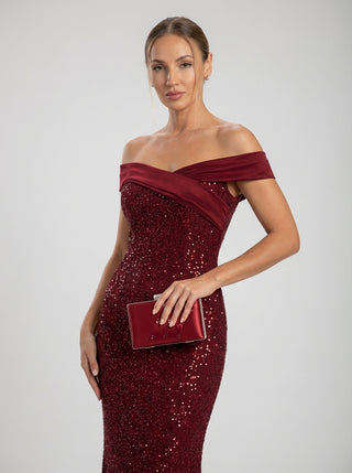 AURELIA Off-Shoulder Rhinestone Gown – Deep Garnet