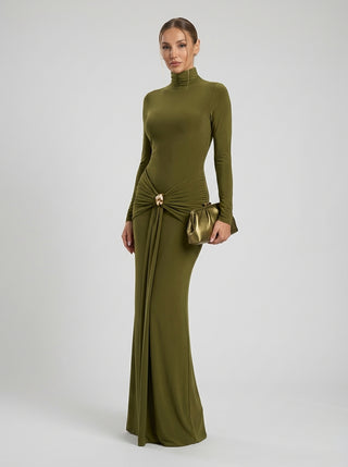Camila Drape Waist Gown – Olive Green