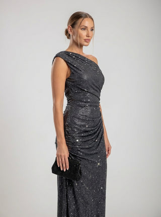 שמלת ערב Aurex עם כתף אחת – שחור מנצנץ אובסידיאן