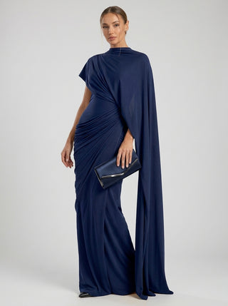 SOLÈNE DRAPE CAPE GOWN - MIDNIGHT NAVY