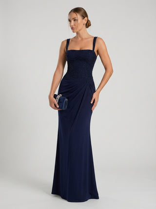 VELORA Embellished Drape Gown - Midnight Navy