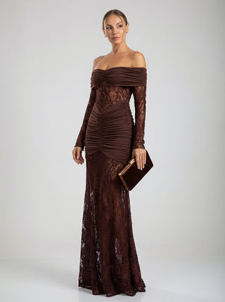 שמלות תחרה וולנסיה עם כתפיים חשופות - חום שזיף