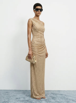 Aurex One-Shoulder Gown — Gold Sparkle