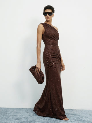 Aurex One-Shoulder Gown — Brown Sparkle