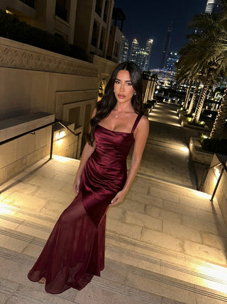 SERELLA Sheer Layer Satin Gown - Deep Garnet