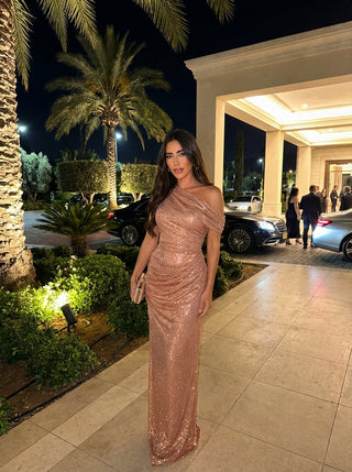 שמלת Aurex עם כתף אחת – נצנצים בזהב ורוד