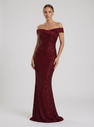 AURELIA Off-Shoulder Rhinestone Gown – Deep Garnet