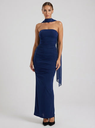 DAELIA Structured Satin Column Gown - Midnight Navy