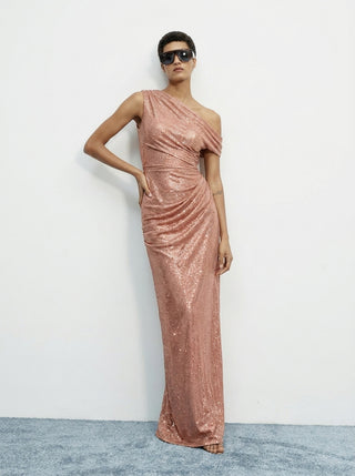Aurex One-Shoulder Gown — Rose Gold Sparkle