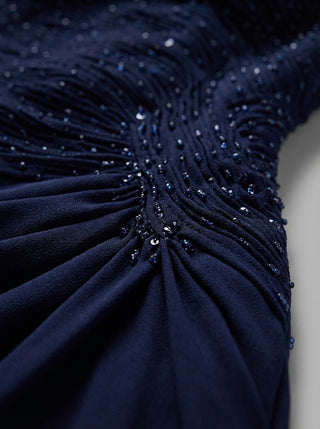 VELORA Embellished Drape Gown - Midnight Navy