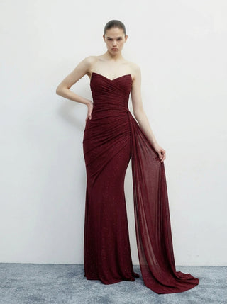 VARELLE Draped Shimmer Gown - Deep Garnet