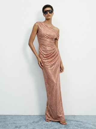 Aurex One-Shoulder Gown — Rose Gold Sparkle