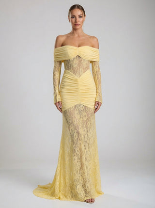 שמלות תחרה ללא כתפיים ולנסיה - צהוב לימון