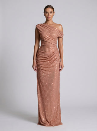 שמלת Aurex עם כתף אחת – נצנצים בזהב ורוד