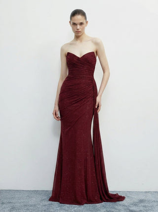 VARELLE Draped Shimmer Gown - Deep Garnet