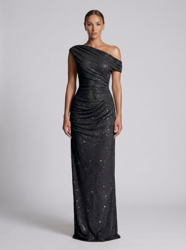 Aurex One-Shoulder Gown — Obsidian Black Sparkle