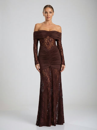 שמלות תחרה וולנסיה עם כתפיים חשופות - חום שזיף