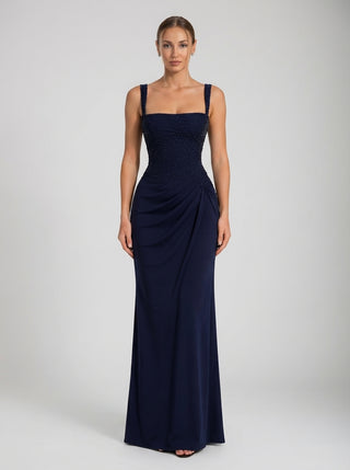 VELORA Embellished Drape Gown - Midnight Navy