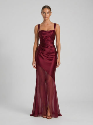 SERELLA Sheer Layer Satin Gown - Deep Garnet