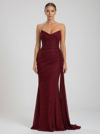 VARELLE Draped Shimmer Gown - Deep Garnet