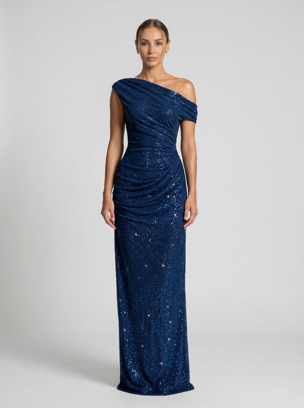 Aurex One-Shoulder Gown — Navy Blue Sparkle
