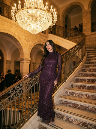 Juliana Crystal Mesh Gown – Burgundy