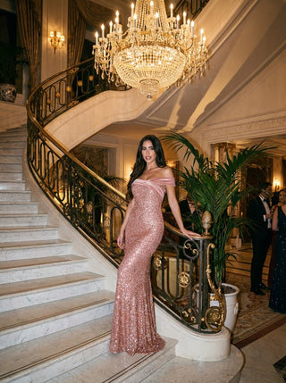 AURELIA Off Shoulder Rhinestone Gown - Rose Gold