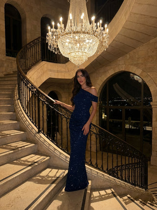 שמלת Aurex עם כתף אחת – כחול נייבי נוצץ