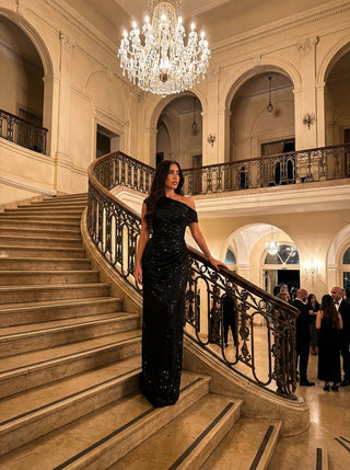 שמלת ערב Aurex עם כתף אחת – שחור מנצנץ אובסידיאן