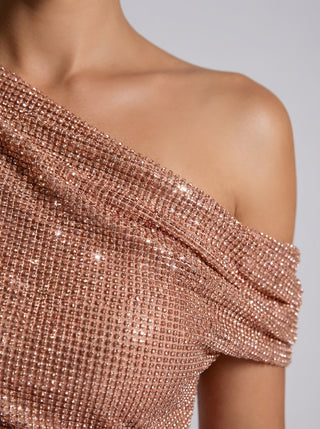 שמלת Aurex עם כתף אחת – נצנצים בזהב ורוד
