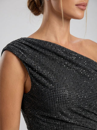 שמלת ערב Aurex עם כתף אחת – שחור מנצנץ אובסידיאן
