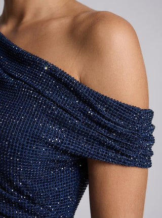 שמלת Aurex עם כתף אחת – כחול נייבי נוצץ