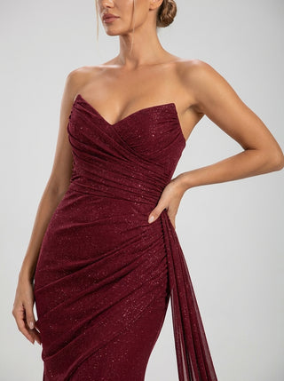 VARELLE Draped Shimmer Gown - Deep Garnet