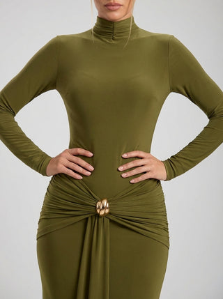 Camila Drape Waist Gown – Olive Green