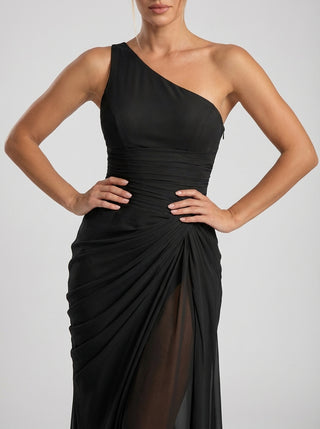 LUMINA One Shoulder Sheer Draped Gown - Black