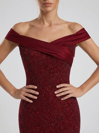 AURELIA Off-Shoulder Rhinestone Gown – Deep Garnet