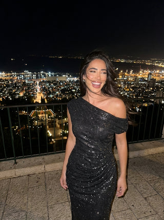 שמלת ערב Aurex עם כתף אחת – שחור מנצנץ אובסידיאן